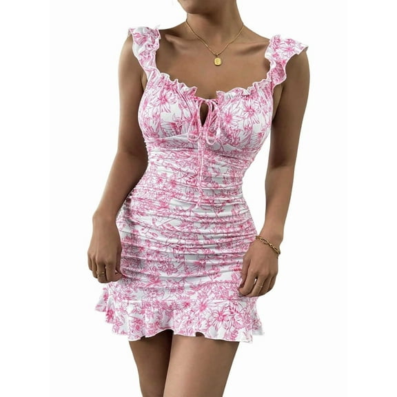 Women'S Floral Print Off Shoulder Milkmaid Dress Ruched Ruffle Hem Bodycon Mini Dress Pink S
