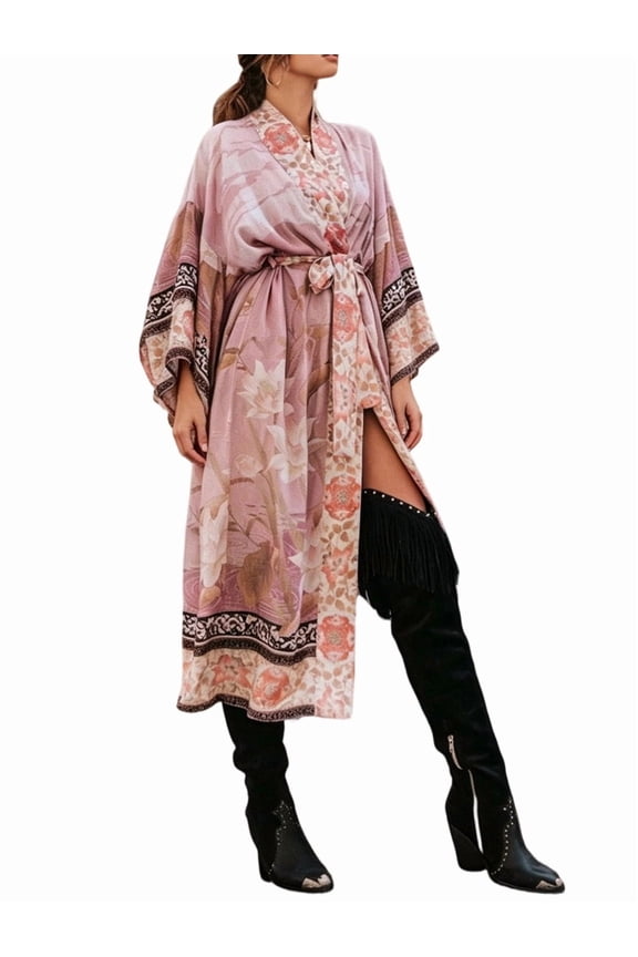 Women'S Floral Print Robe Cover Ups Open Front Bohemian Maxi Cardigan Duster Coat Pink Crane One Size