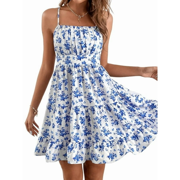Women'S Floral Print Ruched Sleeveless Ruffle Hem A Line Swing Dress Blue XS