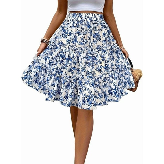 Women'S Floral Print Ruffle Hem Elastic High Waist Tie Front Skirt Blue M