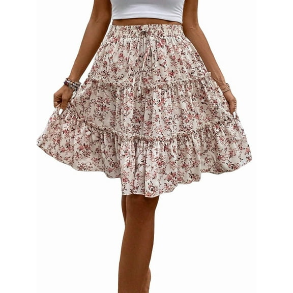Women'S Floral Print Ruffle Hem Elastic High Waist Tie Front Skirt Milky M