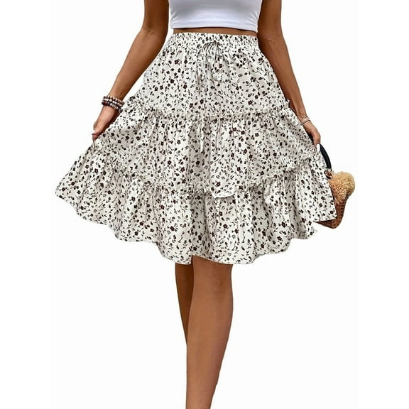 Women'S Floral Print Ruffle Hem Elastic High Waist Tie Front Skirt White S