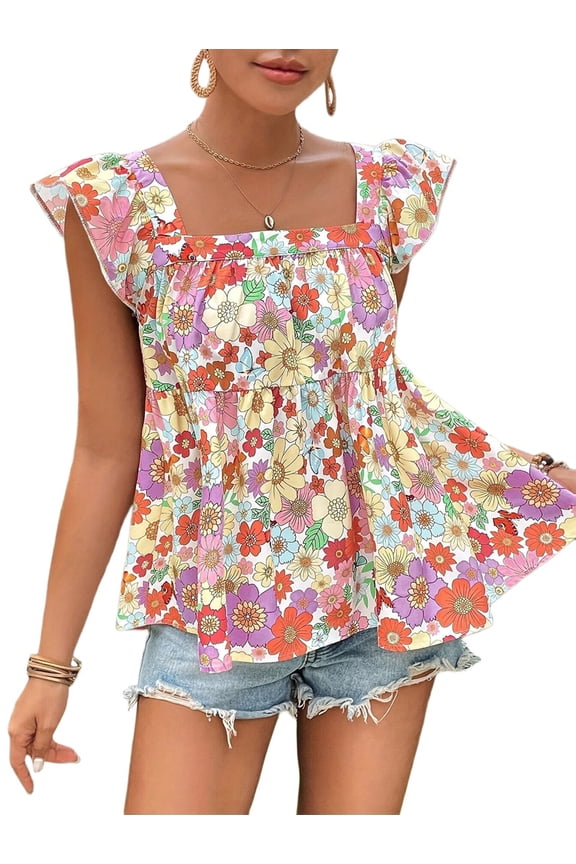 Women'S Floral Print Tops Square Neck Ruffle Cap Sleeve Peplum Babydoll Summer Vacation Blouse Mixed Colors XXL