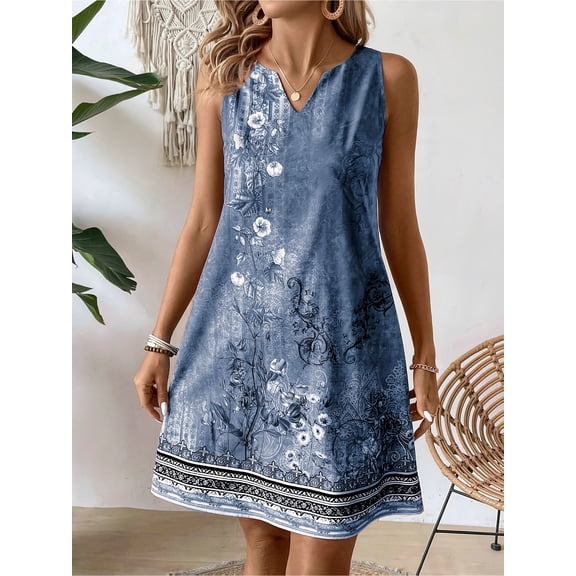 Women'S Floral Print V-neck Sleeveless Dress-Casual Blue and White Polyester Blending, Machine Washable, Suitable for Spring/Summer