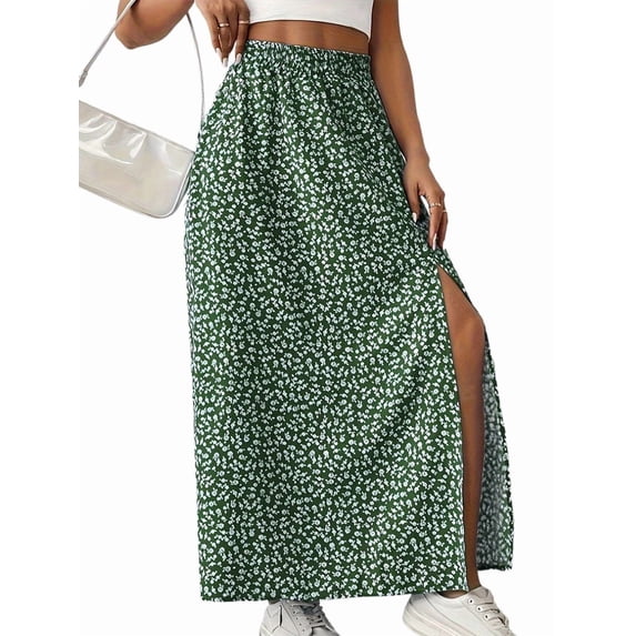 Women'S Floral Print Wrap Skirt, Casual Side Slit Midi Skirt for Vacation & Resort Wear Green M
