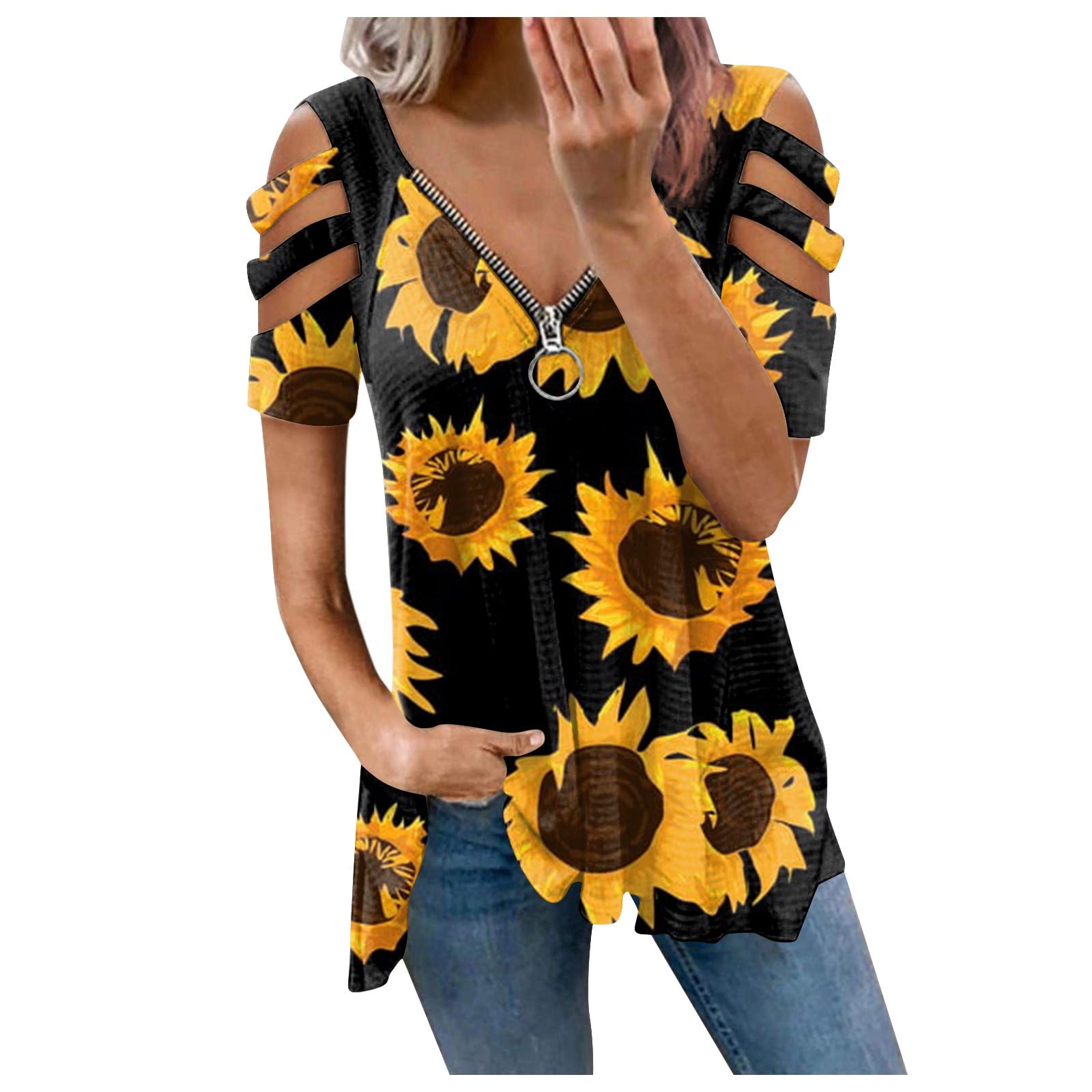 Women'S Floral Printed Zip Cut Out Shoulder Short Sleeve T Shirt Top