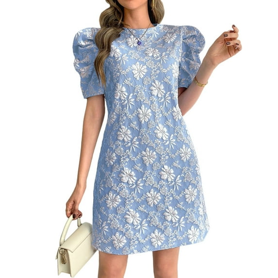 Women'S Floral Puff Short Sleeve Mini Dress High Waist Summer Boho Short Dresses Blue XXL