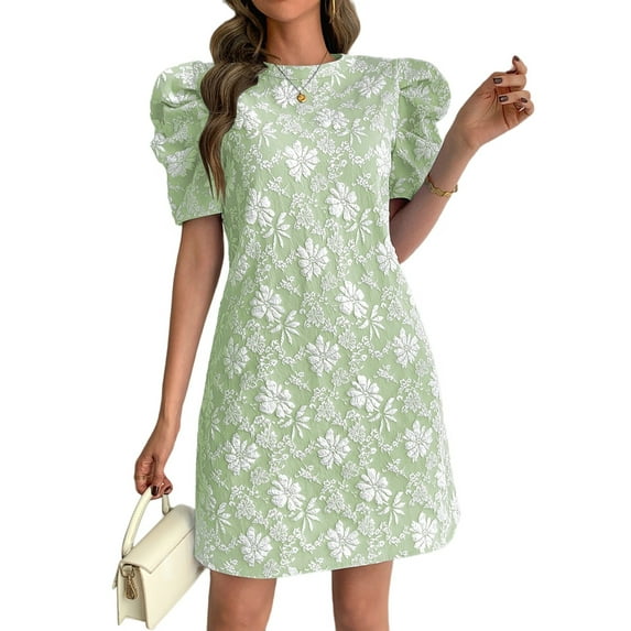 Women'S Floral Puff Short Sleeve Mini Dress High Waist Summer Boho Short Dresses Light Green XL