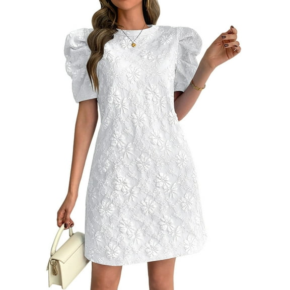 Women'S Floral Puff Short Sleeve Mini Dress High Waist Summer Boho Short Dresses White XL
