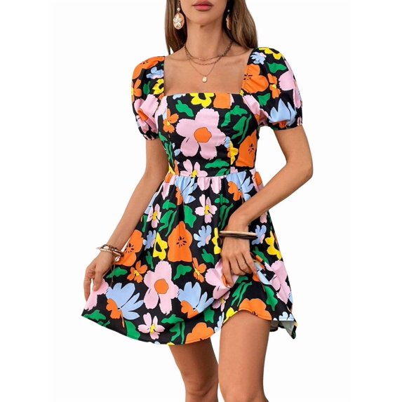 Women'S Floral Puff Sleeve Ruched Frill Trim Shirred A Line Boho Flared Dress Black L