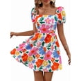 thumbnail image 1 of Women'S Floral Puff Sleeve Ruched Frill Trim Shirred A Line Boho Flared Dress White S, 1 of 9