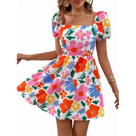 Women'S Floral Puff Sleeve Ruched Frill Trim Shirred A Line Boho Flared Dress White S