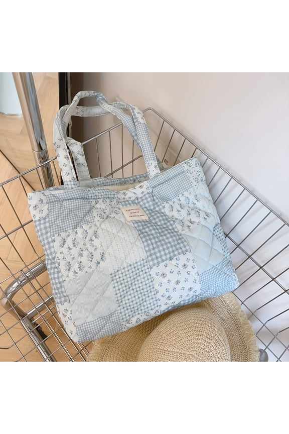 Women'S Floral Quilted Tote Bag, Spacious Shoulder Handbag, Lightweight Polyester Shopper with Polyester Lining, Flower Pattern, No-closure, for Shopping & Strolling - Blue & Green