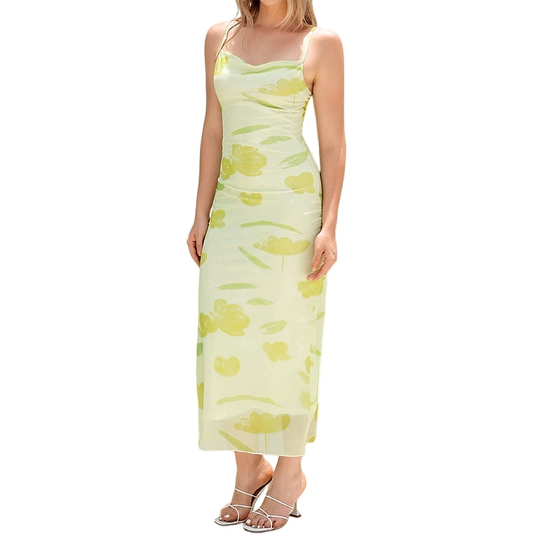 ruched going out dress Women'S Floral Ruched Bodycon Midi Dress Mesh Fishtail Summer Wedding Guest Cocktail Going Out Dresses 2025 Yellow M