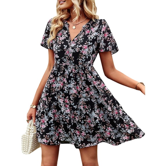 Women'S Floral Ruffle Midi Dress V Neck Flowy Tiered Long Dress Black S