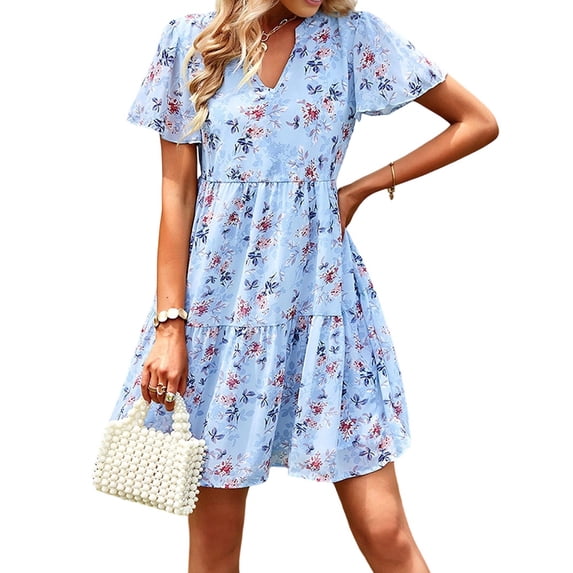 Women'S Floral Ruffle Midi Dress V Neck Flowy Tiered Long Dress Blue XL