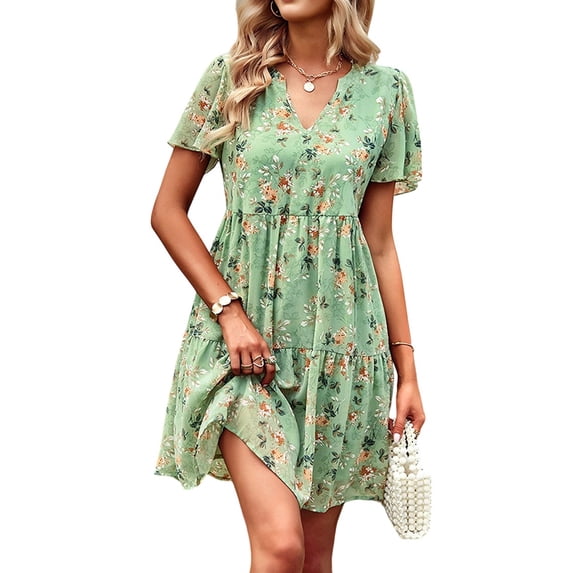 Women'S Floral Ruffle Midi Dress V Neck Flowy Tiered Long Dress Green M