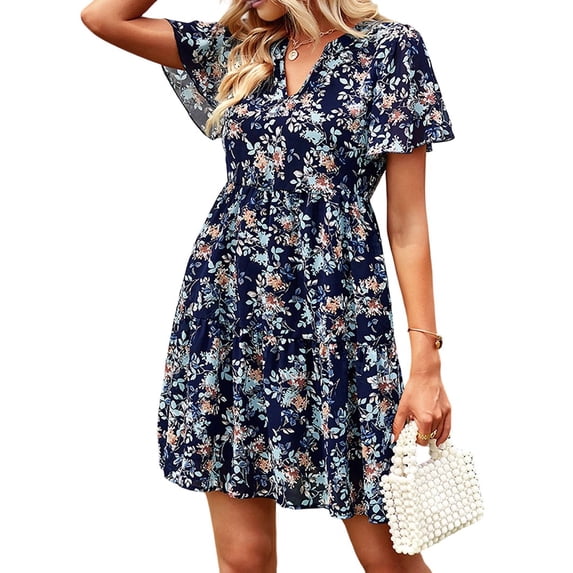 Women'S Floral Ruffle Midi Dress V Neck Flowy Tiered Long Dress Navy Blue XL