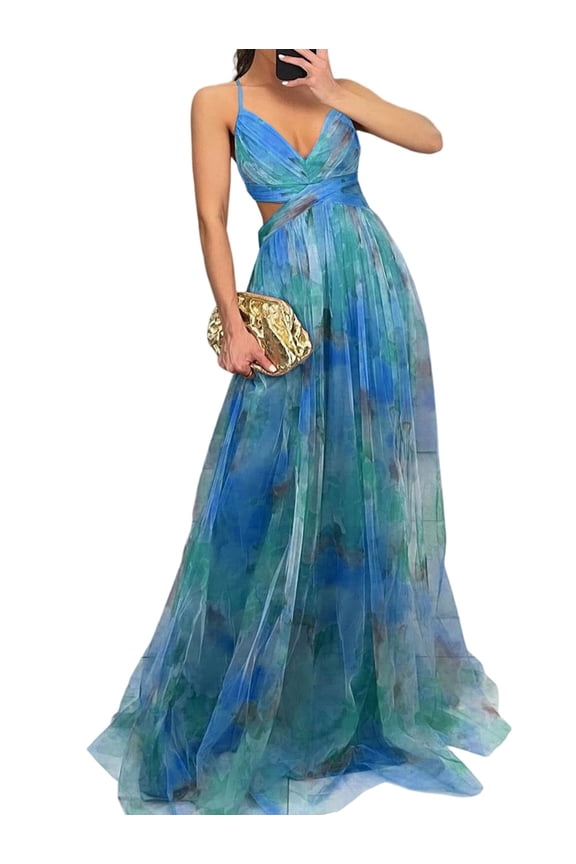 Women'S Floral Strappy Dress Low Cut Tie Front High Waist Slit Maxi Printed Summer Dress Green L