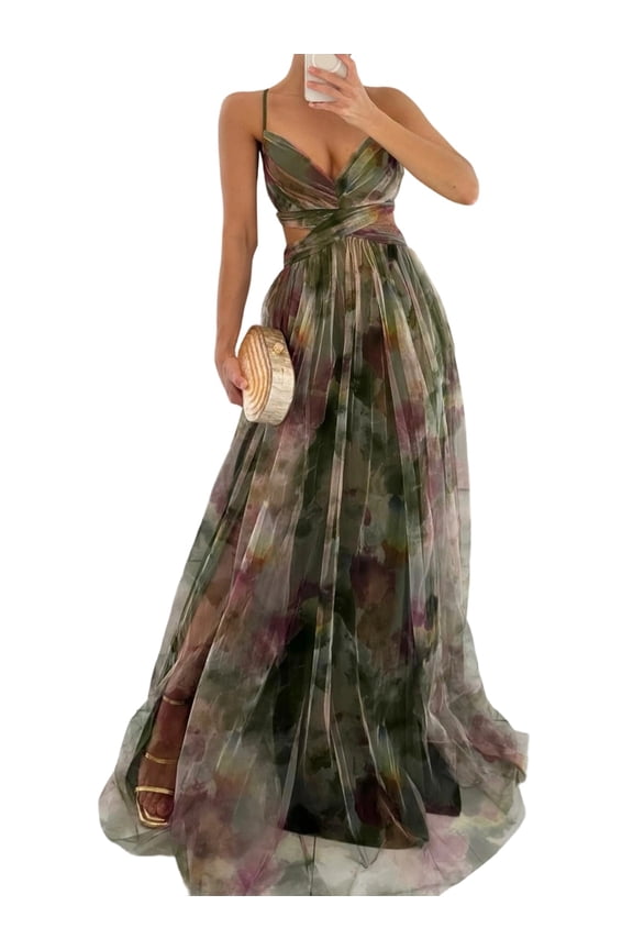 Women'S Floral Strappy Dress Low Cut Tie Front High Waist Slit Maxi Printed Summer Dress Green M