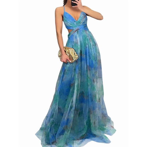 Women'S Floral Strappy Dress Low Cut Tie Front High Waist Slit Maxi Printed Summer Dress Green M