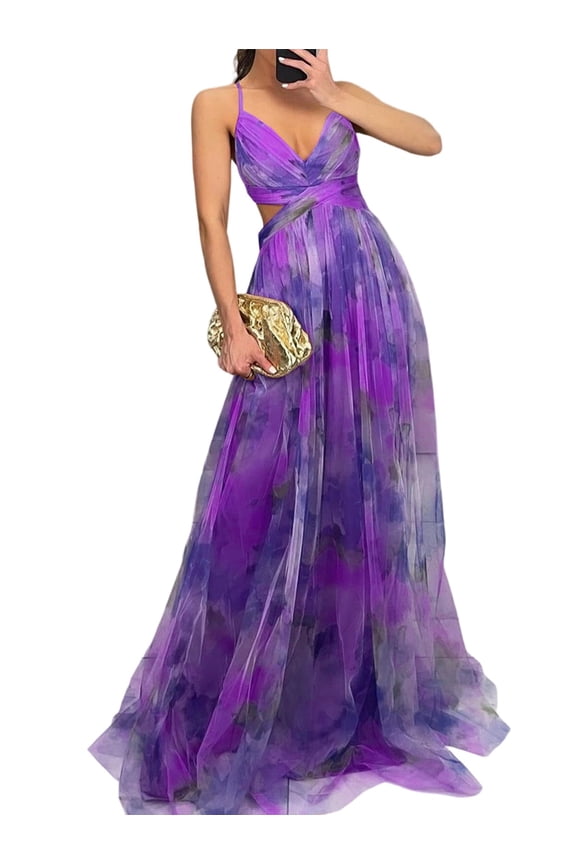 Women'S Floral Strappy Dress Low Cut Tie Front High Waist Slit Maxi Printed Summer Dress M