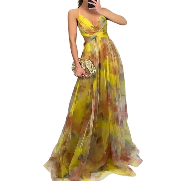 Women'S Floral Strappy Dress Low Cut Tie Front High Waist Slit Maxi Printed Summer Dress Yellow XL