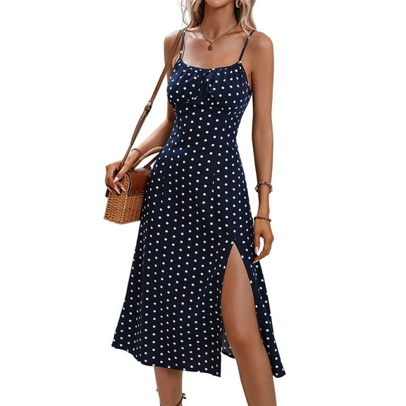 Women'S Floral Summer Dress Spaghetti Strap Midi Dress Backless Split Dress Vacation Beach Boho Dress Blue XXL
