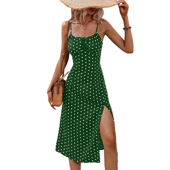 Women'S Floral Summer Dress Spaghetti Strap Midi Dress Backless Split Dress Vacation Beach Boho Dress Green S