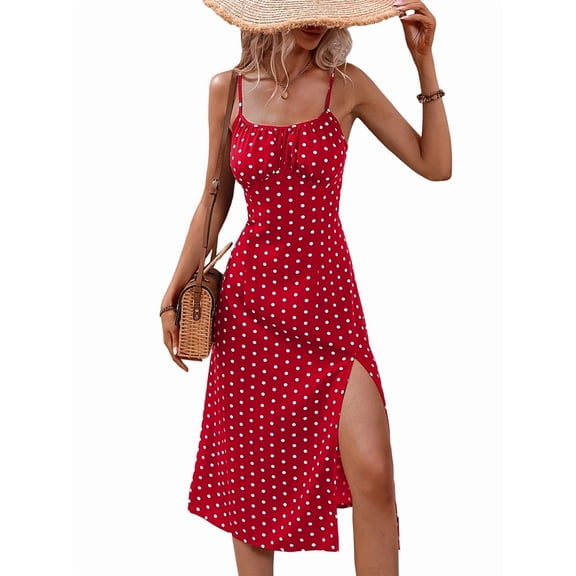 Women'S Floral Summer Dress Spaghetti Strap Midi Dress Backless Split Dress Vacation Beach Boho Dress Red S