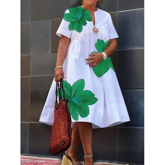 Women'S Floral Summer Dresses Short Sleeve V Neck Flowy A-Line Tiered Midi Dress Boho Beach Dress Green XXL