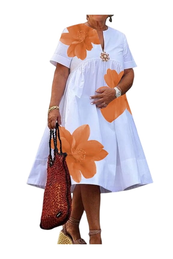 Women'S Floral Summer Dresses Short Sleeve V Neck Flowy A-Line Tiered Midi Dress Boho Beach Dress Orange L