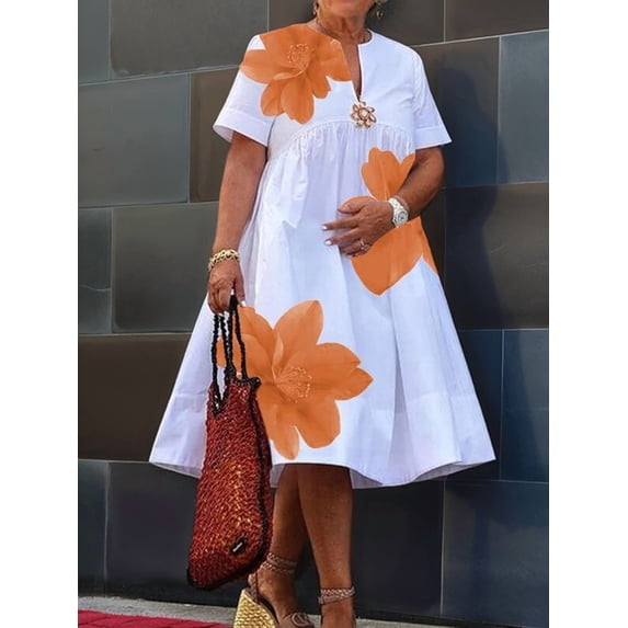 Women'S Floral Summer Dresses Short Sleeve V Neck Flowy A-Line Tiered Midi Dress Boho Beach Dress Orange M