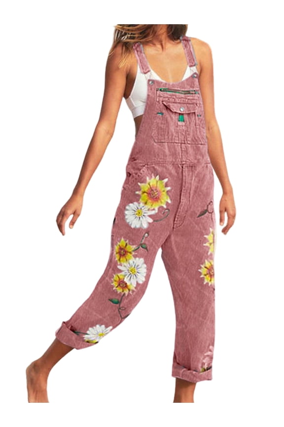 Women'S Flower Print Stretch Jeans Long Denim Bib Overalls Cute Denim Strap Jumpsuits Pink 4XL
