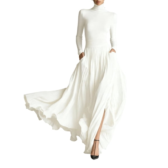 Women'S Flowing Long Dress Set, High Neck, Long Sleeves, Elegant Asymmetrical Pleated Design, with Pockets. White S