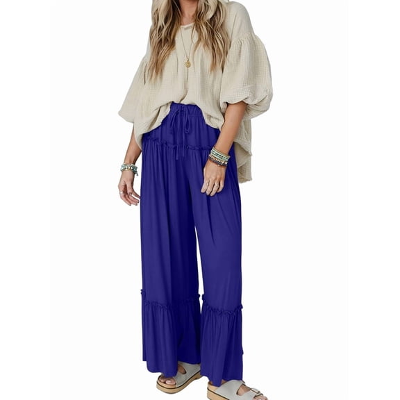 Women'S Flowy Boho Elastic High Waist Ruffle Hem Wide Leg Beach Loose Palazzo Pants Blue XL