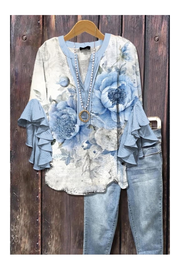 Women'S Flowy Boho Tops Colorful Fancy Floral Print Blouses Dressy Casual Fall Clothes Elegant V-Neck Blouse Leaf Sleeves Pale Cyan Blue XS