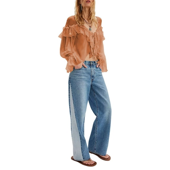 Women'S Flowy Front Tie Top Long Sleeve Peplum Lace Trim Chiffon Shirt Sheer V Neck Boho Ruffle Beach Blouse Khaki XL