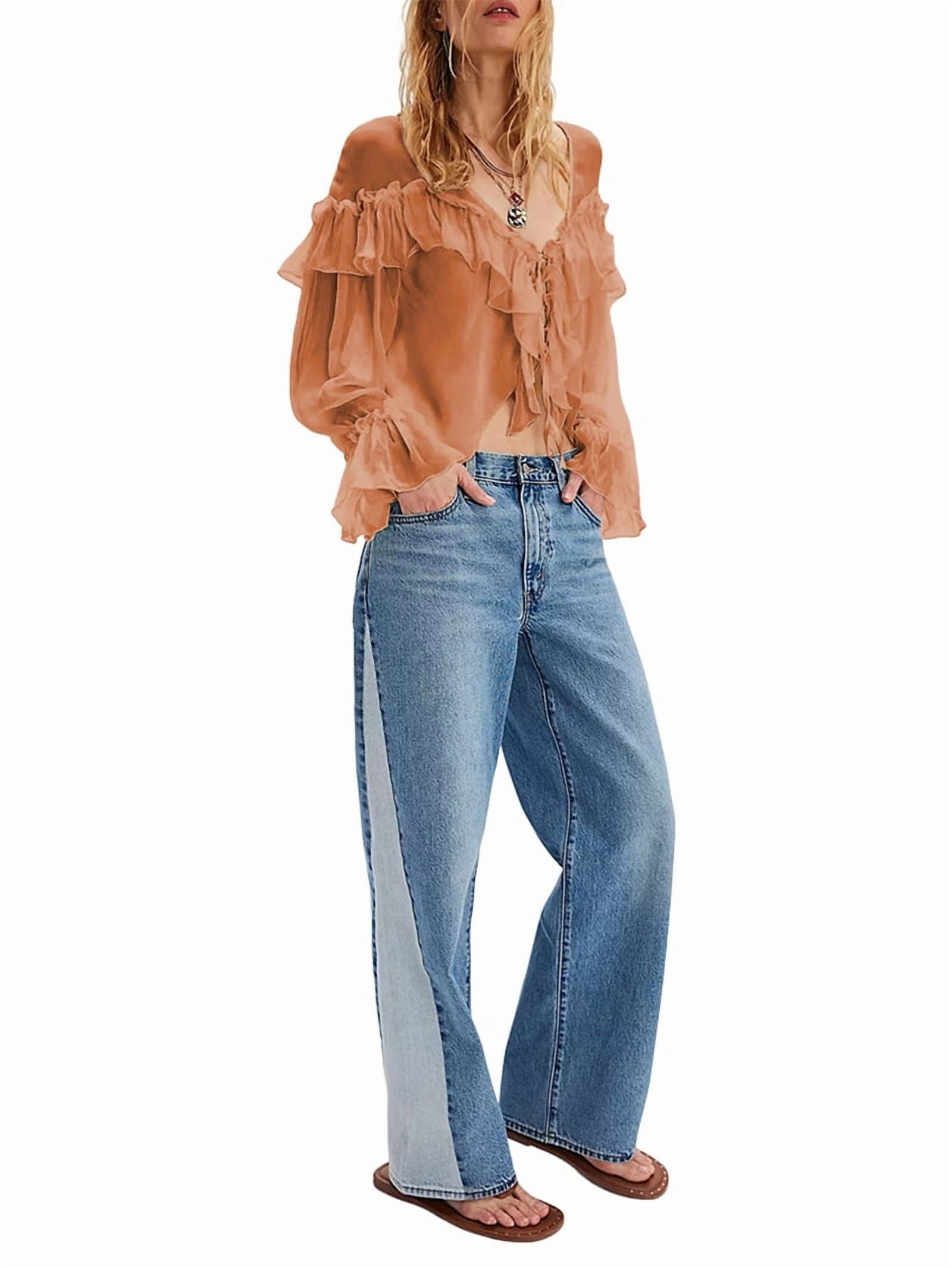 Women'S Flowy Front Tie Top Long Sleeve Peplum Lace Trim Chiffon