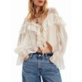 thumbnail image 1 of Women'S Flowy Front Tie Top Long Sleeve Peplum Lace Trim Chiffon Shirt Sheer V Neck Boho Ruffle Beach Blouse White L, 1 of 10