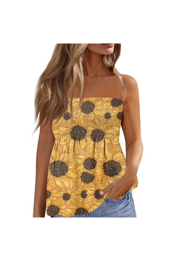 Women’S Flowy Tube Tops Strapless Smocked Tube Top with Sunflower Floral Print Casual Sleeveless Blouse for Summer Beach Holiday Bronze XL