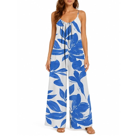 Women'S Flowy Wide Leg Jumpsuit Blue White Leaves Summer Beach Casual Sleeveless Rompers With Pockets