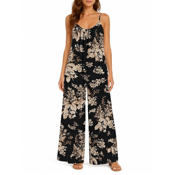 Women'S Flowy Wide Leg Jumpsuit Dark Floral Summer Beach Casual Sleeveless Rompers With Pockets