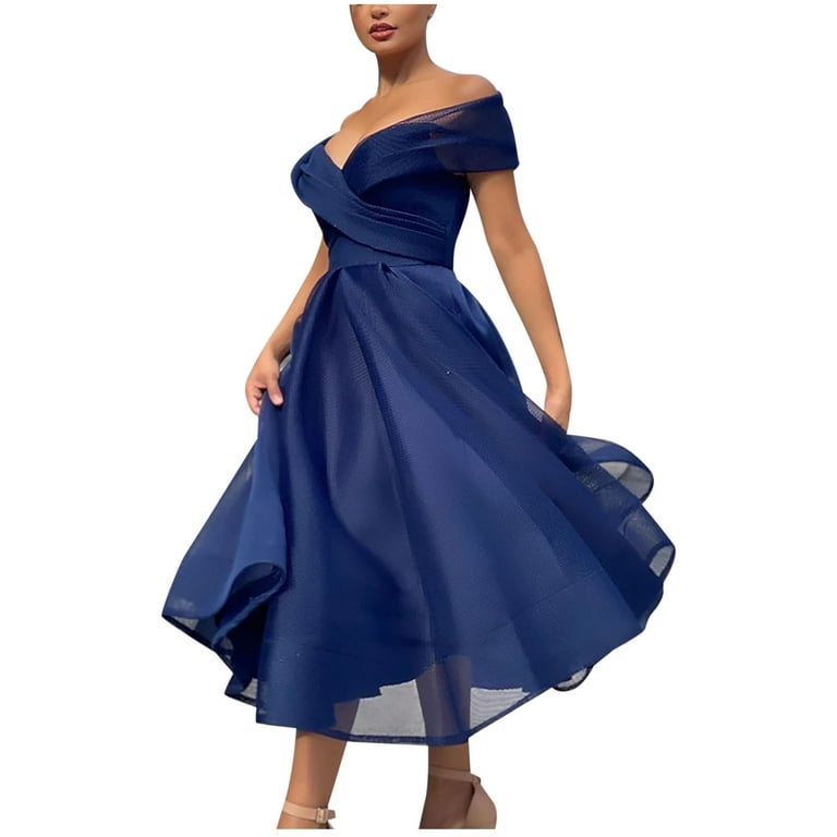 Women'S Formal Dresses Clearance Sleeveless Off-The-Shoulder Dress Vacation  Dresses for Women Beach High-Low dress,Blue,M 