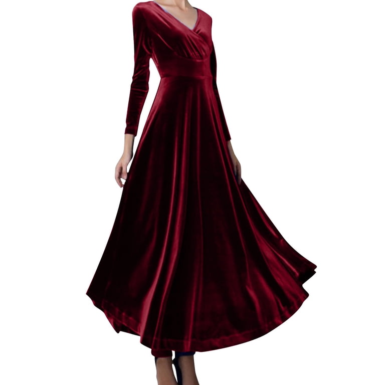 Women'S Formal Dresses Long Sleeved V Neck Gold Velvet Evening Gowns Red S  - Walmart.com
