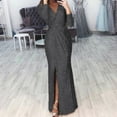 thumbnail image 1 of Women'S Formal Dresses Women's Sequin Long Sleeve V Neck Long Nightclub Style Slim Sling Dress With Slit Black, 1 of 6