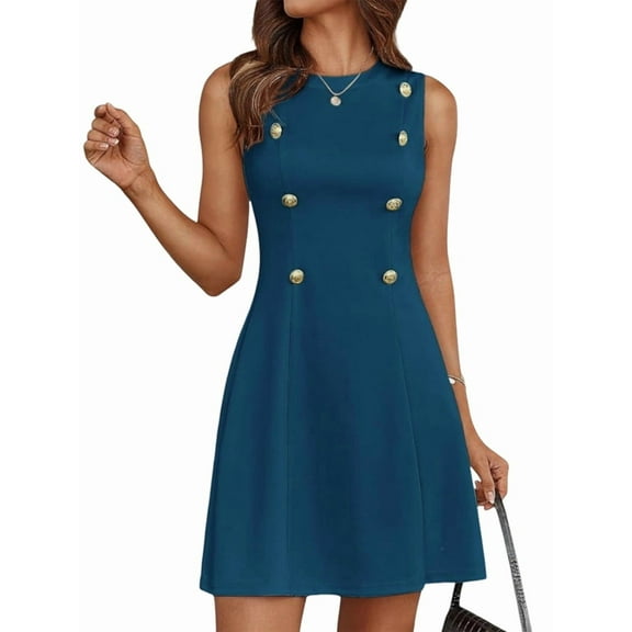 Women'S Formal Work Mini Dress Casual Summer Sleeveless Elegant Button Bussiness Office Outfits  Blue M