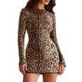 thumbnail image 1 of Women'S French Elegant Leopard Print Sequin Bodycon Stretch Dress Long Sleeve Party Gown Brown M, 1 of 9