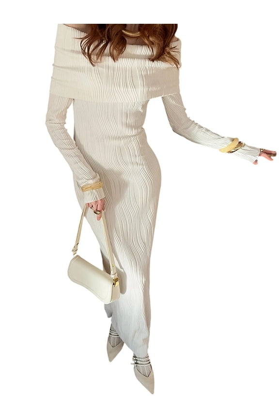 Women'S French Knit Dress Spring Autumn Off-Shoulder Bodycon Pencil L