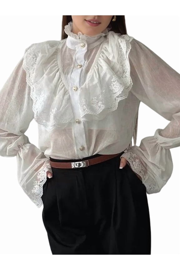 Women'S French Palace Style Stand Collar Chiffon Blouse with Ruffle Trim Retro Long Sleeve Top White M